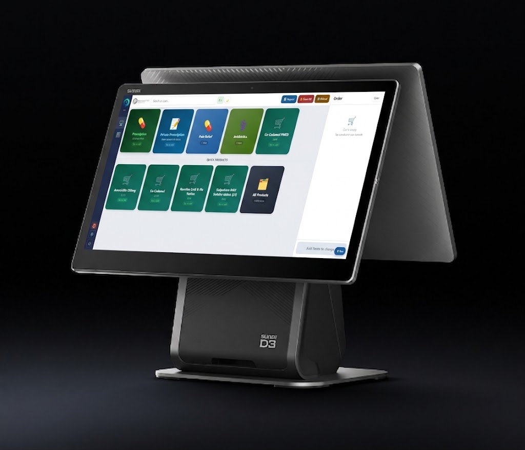 PharmacyPOS running on a Sunmi D3 all-in-one till, showing the product grid with PMED items